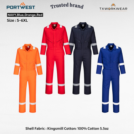 Portwest C814 Iona Lightweight Reflective Cotton Coverall with Pockets - Safety Boiler Suit Workwear Overalls In S,M,L,XL,2XL,3XL,4XL,5XL,6XL