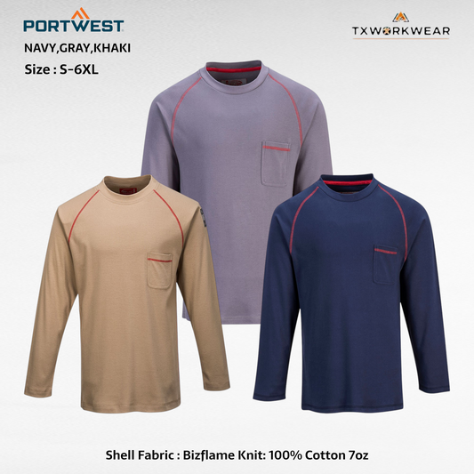 Portwest FR01 Mens Flame Resistant Bizflame Long Sleeved Crew Neck T Shirt ASTM Shell Fabric 100% Cotton 7oz Menswear Top