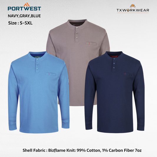 Portwest FR Antistatic Henley FR32 Fire-Resistant & Antistatic Shirt for Electricians Comfortable Durable Safety Apparel Bizflame Knit 99% Cotton 1% Carbon Fiber - Menswear, Clothes