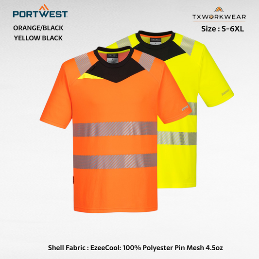 Portwest DX413 - DX4 Hi-Vis T-Shirt S/S Wicking Cooling Drying Capabilities Orange/Black Yellow Black Size S-6XL EzeeCool Polyester Pin Mesh 4.5oz
