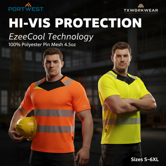 Portwest DX413 - DX4 Hi-Vis T-Shirt S/S Wicking Cooling Drying Capabilities Orange/Black Yellow Black Size S-6XL EzeeCool Polyester Pin Mesh 4.5oz