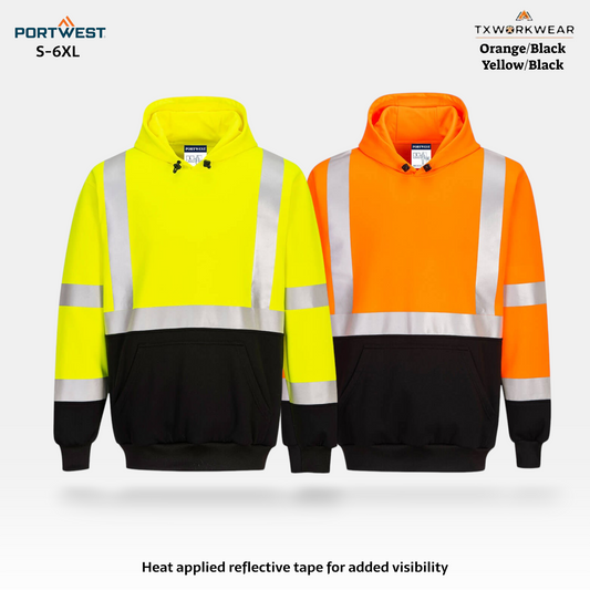 Portwest UB324 Two Tone Hooded Sweatshirt High Visibility Work Hoodie, Brushed Back Warmth & Durable Polyester Cotton in S,M,L,XL,2XL,3XL,4XL,5XL,6XL