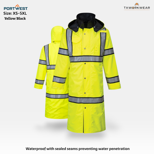 Portwest UH447 Hi-Vis Reversible Rain Coat 48" Yellow/Black  In XS,S,M,L,XL,2XL,3XL,4XL,5XL
