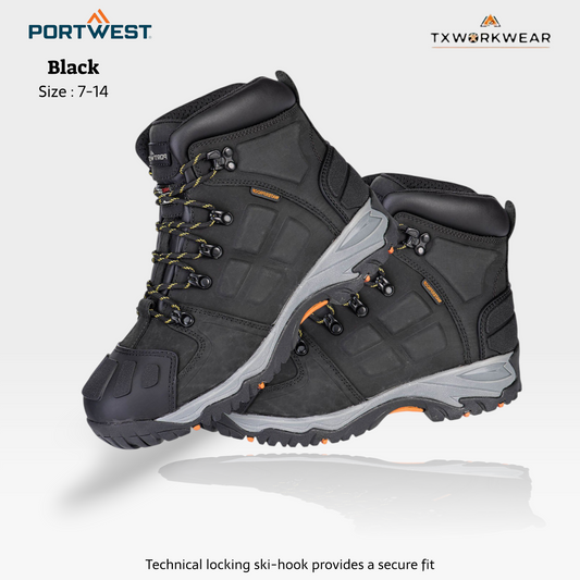 PORTWEST FT05  Steelite Monsal Hiker Boot S3- Black - FT05, Buffalo Crazy Horse Leather, Waterproof, Heat Resistant, SRC Slip Resistant, All Seasons