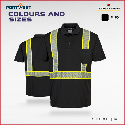 Portwest F140  Iona Plus Enhanced Polo Shirt S/S Black S,M,L,XL,2XL,3XL,4XL,5XL
