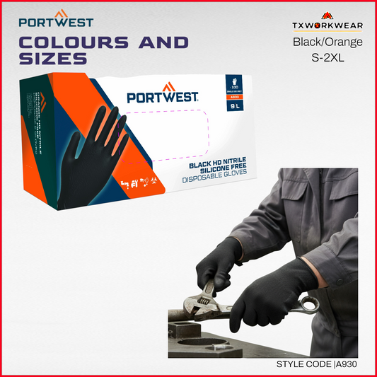 A930 - Portwest Orange HD Disposable Gloves Black/Orange In S,M,L,XL,2XL
