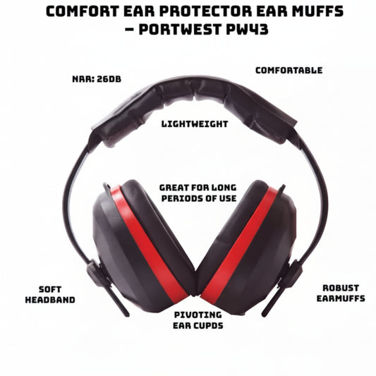 Portwest PW43 Comfort Ear Muffs – Lightweight, Padded Headband, Adjustable Fit for Work Safety (Black)