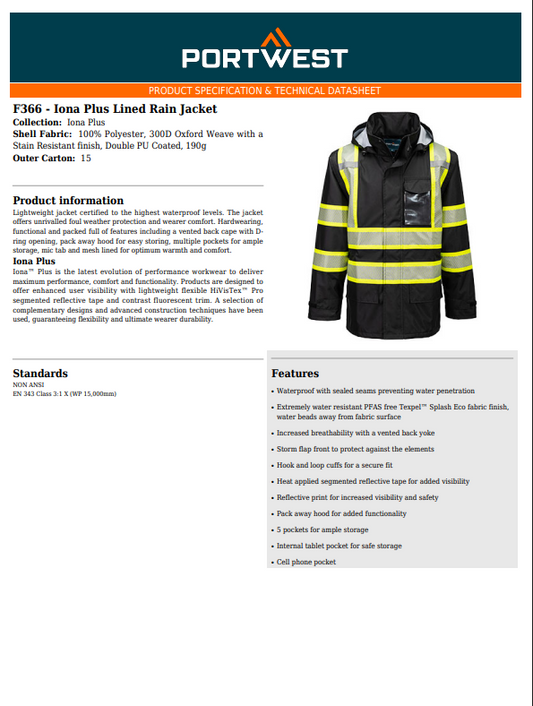 Portwest F366 Iona Plus Lined Rain Jacket Black Waterproof Hi Vis Workwear PPE