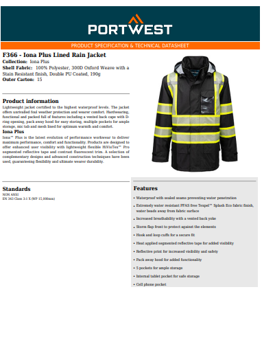 Portwest F366 Iona Plus Lined Rain Jacket Waterproof Hi Vis Workwear PPE
