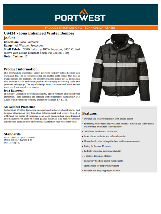 Portwest US434  Iona Enhanced Winter Bomber Jacket Black