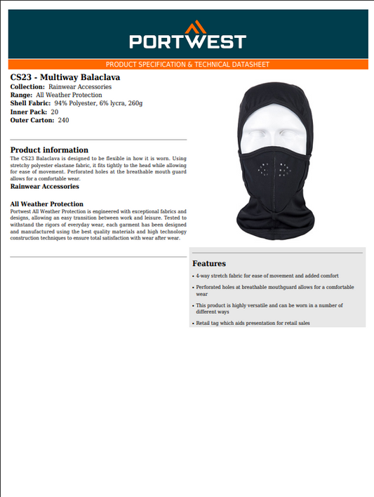 Portwest CS23  Multiway Comfortable Wear Balaclava Black