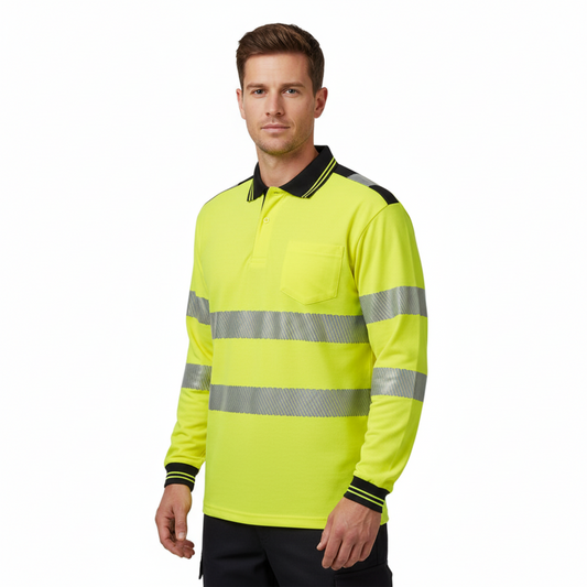 T184 -Construction Wear PW3 Hi-Vis Cotton Comfort Polo Shirt L/S Yellow/Black-S,M,L,XL,2XL,3XL,4XL,5XL