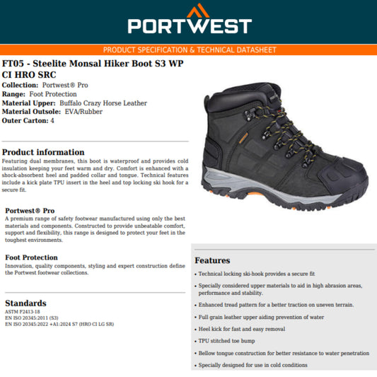PORTWEST® Steelite Monsal Hiker Boot S3 WP CI HRO SRC - Black - FT05