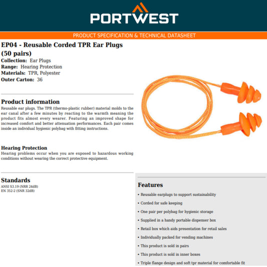 Portwest EP04 Reusable Corded TPR Ear Plugs – Triple Flange Comfortable Hearing Protection (50 Pairs, Orange)