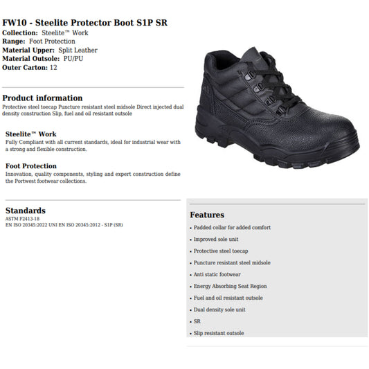 Portwest FW10 Steelite Protector Boot S1P Black size in 3,4,5,6,7,7.5,8,9,10,11,11.5,12,13,14,15,16,17,18