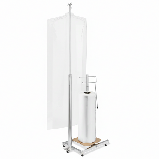 H-4683 Garment Bag Dispenser Rack – Adjustable Chrome Steel Rack with Foot Pedal (33”–67”)