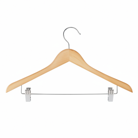 S-21709 Wooden Suit Combo Hangers with Adjustable Clips – 17” Solid Wood (Natural/Walnut/Black, 50 Pack)